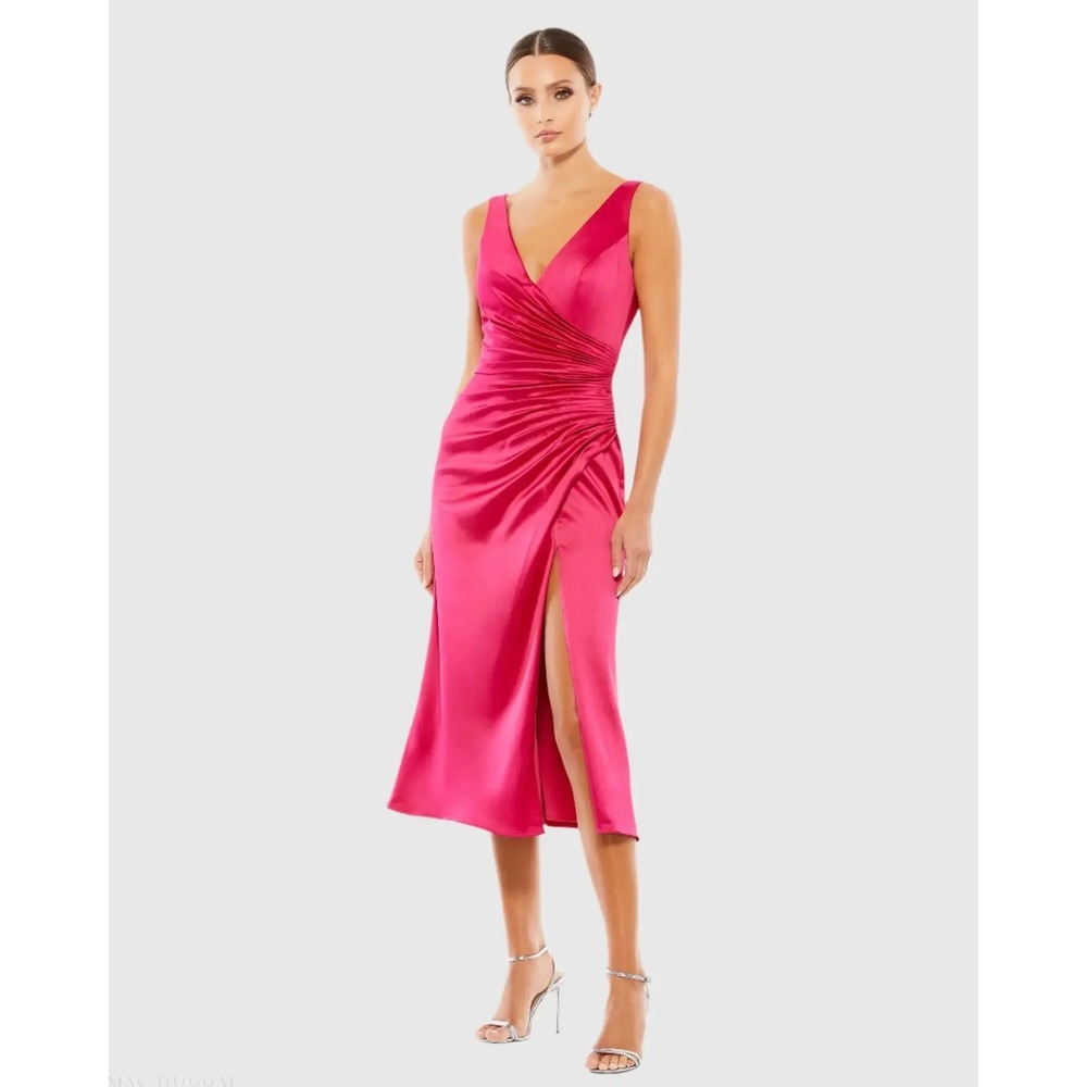 Ieena for Mac Duggal Satin Ruched V-Neck‎ Faux Wrap Midi Dress 26625 Pink Size 4